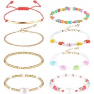 8Pcs Beaded Stretch Y2K Bracelets For Women Handmade Lobster Clasp Beaded Bracelets Pearl Flower Rainbow Elastic Adjustment Bracelet Beach Summer VSCO Bracelet Set